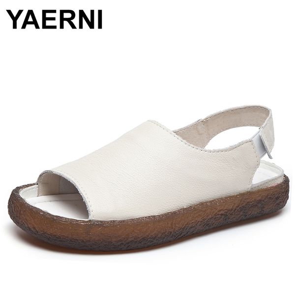 

yaerni 2020 new summer genuine leather women flats sandals casual slip on summer shoes woman retro female sandals shoes e566, Black