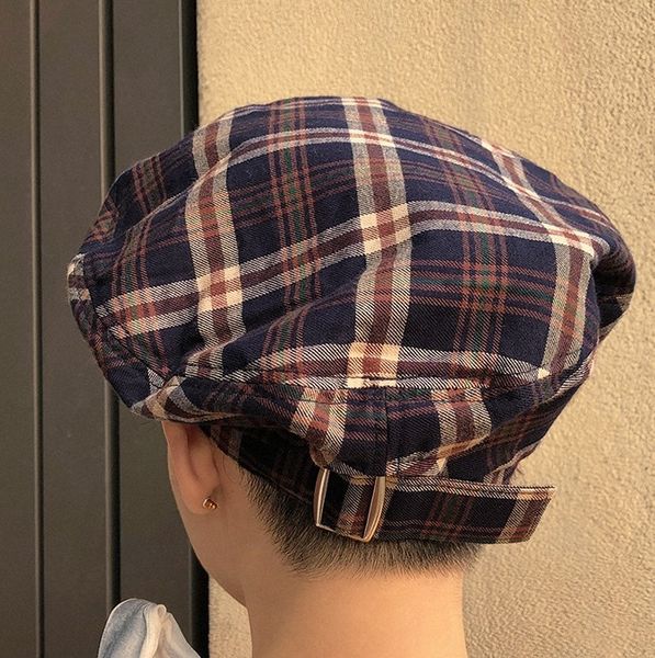 

ins web celebrity vintage east gate british small square plaid buckle beret painter beret men and women, Blue;gray