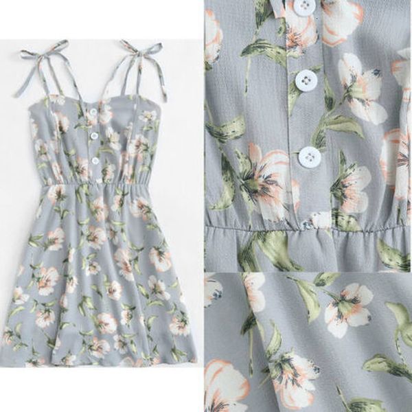 

2020 womens boho floral dress ladies chiffon summer party evening beach short mini dress sundress new in fashion, Black;gray