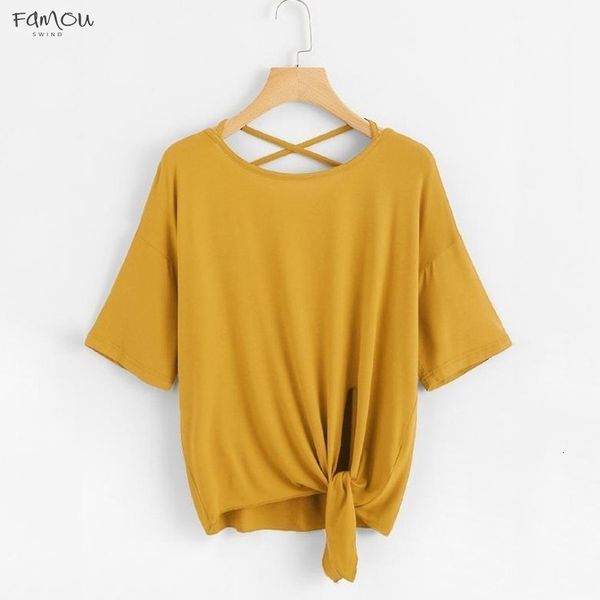 

fashion women criss cross back polyester knot blouse loose ladies shirt casual half short sleeve blouse summer clothes female blusas, White