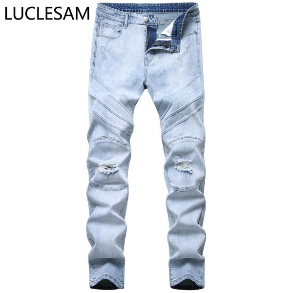 

mens frayed holes jean 2020 slim fit male streetwear retro pencil jeans hip hop striped denim pants casual moto trousers for men, Blue