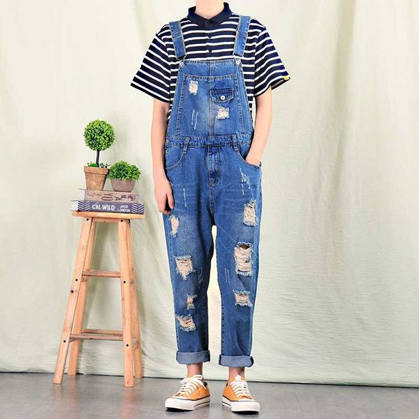 

men's jeans retro ripped cropped pants korean version of the slim feet suspenders overalls, Blue
