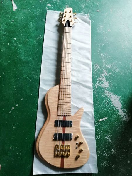 Custom 6 Strings Guitarra Elétrica Baixo Flamed Maple Break Neck Thru Ouro Gold Hardware 24 Trastes Activos Pickups Chinês Bass