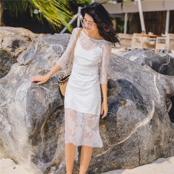 

beach style summer elegant vestidos long party dress women three dress office lady bodycon lace dresses luxury, White