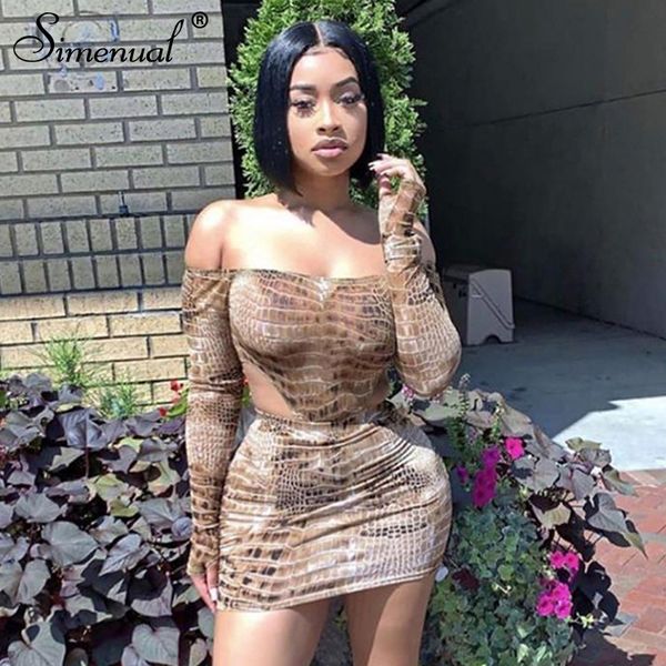

two piece dress simenual snake print matching set women off shoulder fashion 2021 outfits long sleeve bodysuit and skirt sets, White