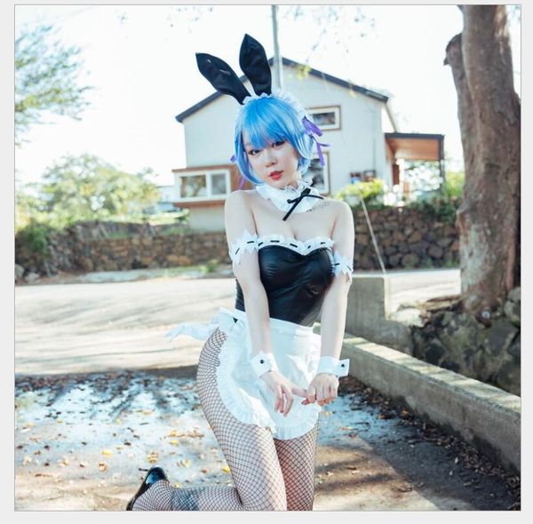 

2020 lingerie cos ram lem rem bunny girl cosplay maid uniform set, Red;black