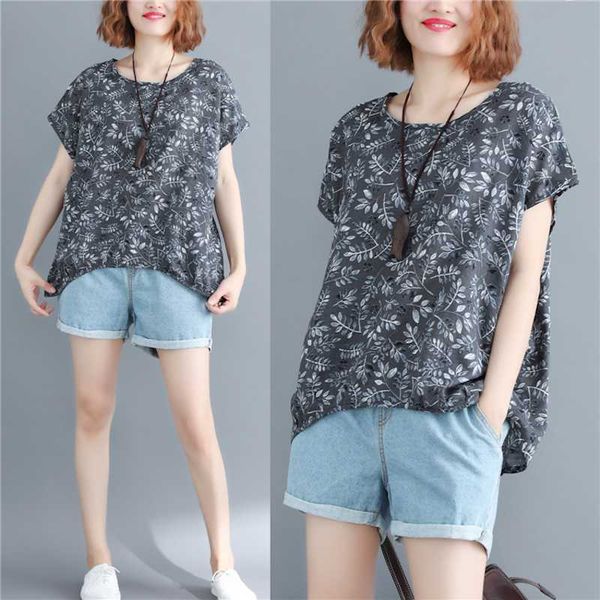 

summer women cotton linen shorts korean style vintage floral print short sleeve tee office lady large size casual harajuku, White