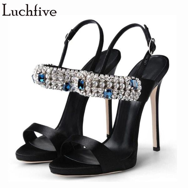 

sandals satin crystal high heel woman narrow band rhinestone five star embellished summer shoes gladiator sandalias ladies, Black