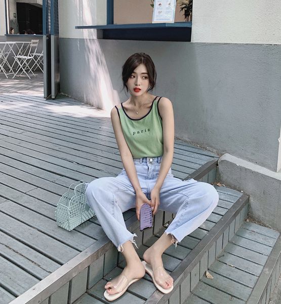 

summer 2020 new french outside avocado green slim sleeveless t-shirt women's short fashion sling t-shirt sling, Camo