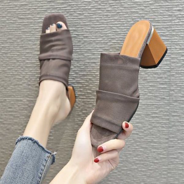 

woman slippers women high female comfortable square toe heel women's thick heels ladies breathable fashion footwear plus size 42, Black