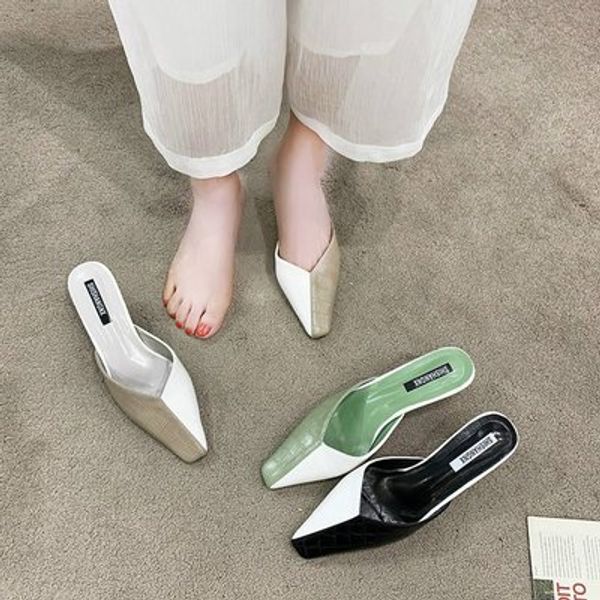 

women's shoes 2020 summer new korean version of pointed pointed heel women's shoes comfortable slippers, Black
