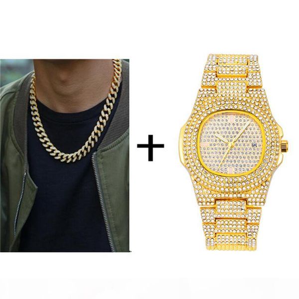 

gold necklace +watch+bracelet hip hop miami curb cuban chain gold iced out paved rhinestones cz bling rapper for men jewelry, Silver