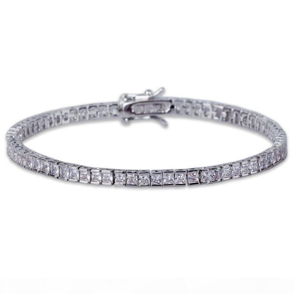 

4mm square cubic zirconia hiphop bracelets women men 1 row blingbing zircon bangle copper hip hop toggle clasps cz tennis link chain jewelry, Golden;silver