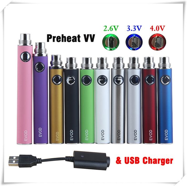 Evod Variable Vape Pen Wax Cartridge Battery Preheat VV 650 900 1100 mAh Capacity with USB Charger