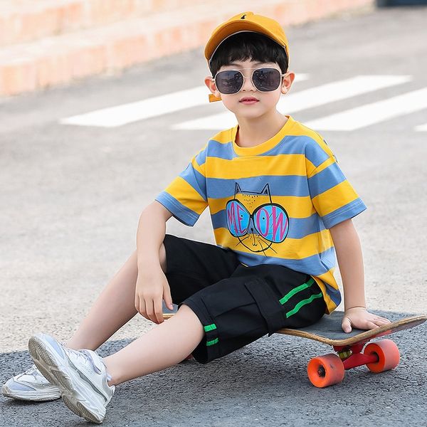 

children's wear boys' new korean style summer children's two-piece set medium and big boy's cat set, Blue
