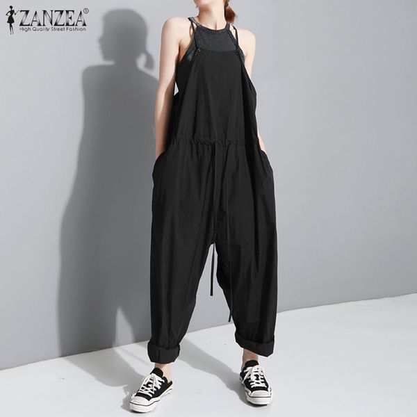 

women's jumpsuits & rompers zanzea women summer drawstring harem casual straps overalls female solid long playsuits loose suspenders s-, Black;white