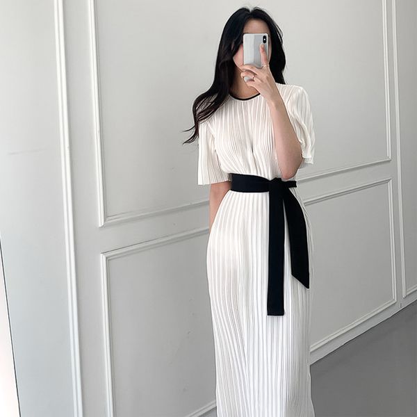 

elegant draped striped long dress women slim office lady half sleeve high waist maxi dresses female 2020 summer o-neck vestdios, White;black