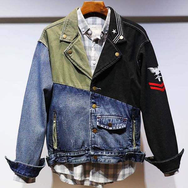

european fashion mens jeans jacket coat patchwork quality summer denim jacket for young man jean casual 5xl streetwear, Black;brown