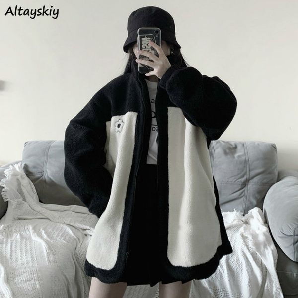 

jackets women zipper pockets printed lambswool loose stand collar casual korean style chic new harajuku kawaii womens streetwear, Black;brown