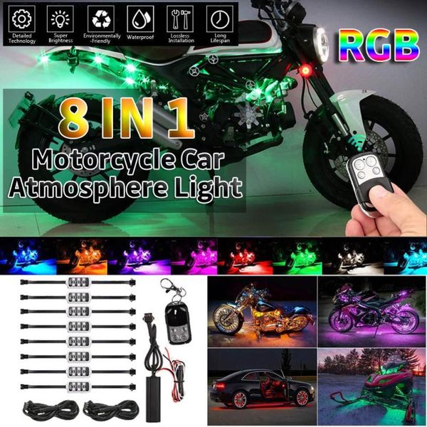 

8 in1 rgb 48 led motorcycle car atmosphere light brake lights with wireless remote control motor decorative strip lamp kit