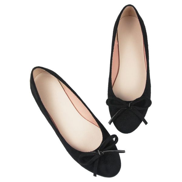 

spring flat shoes women suede leather bow flatbottomed black round head single shoes female plus size slip-on ladies boat