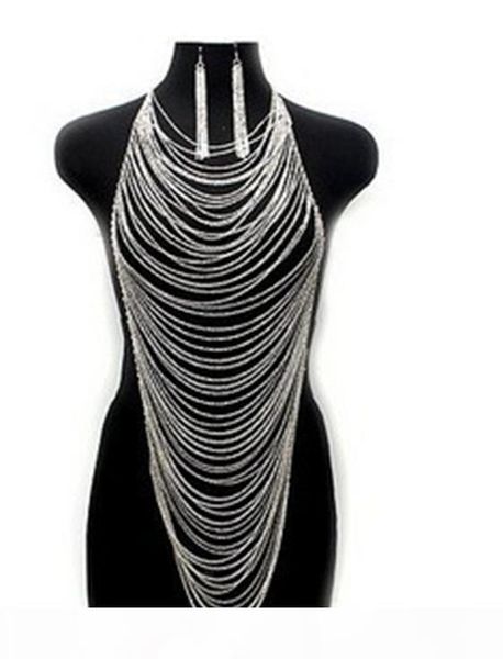 

multilayer body chains earrings europe fashion women multi curb chain metal silver gold tassel body chain harness necklace pendants jewelry