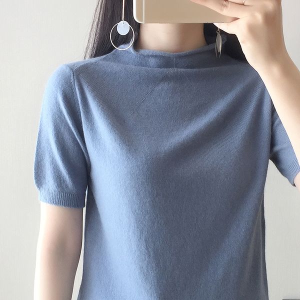 

2020 spring women cashmere wool sweater coiling collar solid color half sleeve pullovers ing, White;black