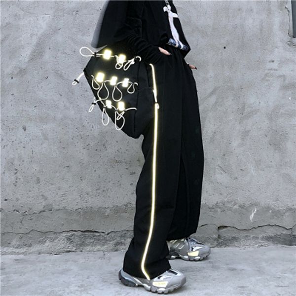

harajuku vintage elastic waist wide leg pants black long ins women loose reflective stripe patchwork korean classic trousers, Black;white