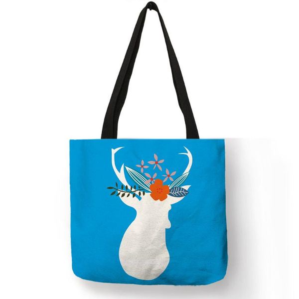 

fresh yellow blue deer silhouette printing shoulder bag foldable easy carrying handbag outdoor portable practical tote bags