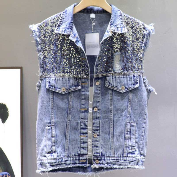 

women's vests light blue vest women sequin turn down collar denim bf spring summer jeans student loose, Black;white