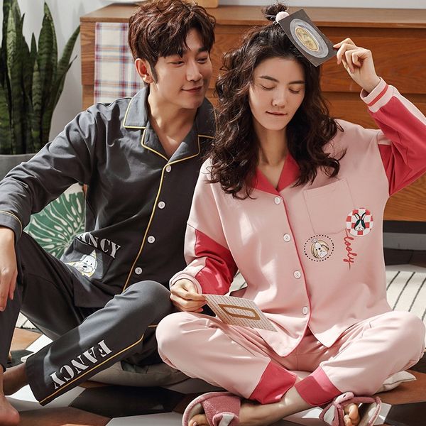 

mmyao couple cotton spring and autumn women's long sleeve cardigan pajamas pajamas men's autumn and winter suit loose large size c, Black;brown