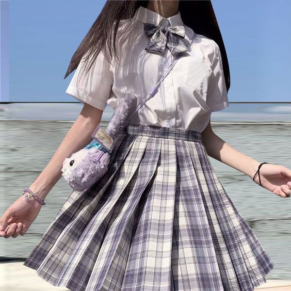 

a gentle blade] women girls japanese summer high waist pleated plaid skirt white blouse students clothes dress jk school unifor