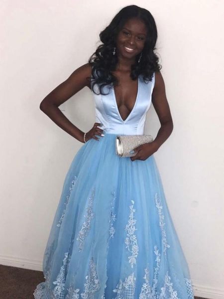 

setwell deep v-neck a-line evening dresses sleeveless pleated satin lace appliques floor length prom party gowns, Black;red