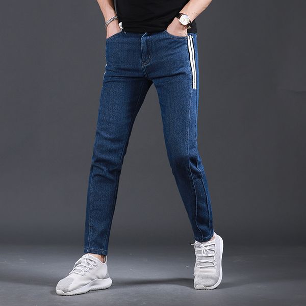 

men's jeans summer dark blue stretch men 2021 fashion side stripe jean slim fit ankle-length pants
