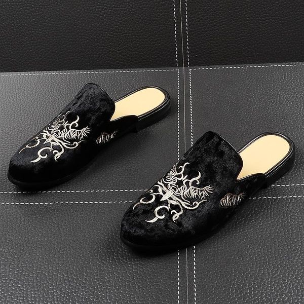 

Fairy2019 Male Slipper Set Foot Leather Shoes Trend Embroidery Doug Youth Half Support Baotou Dawdler Shoe Sandals
