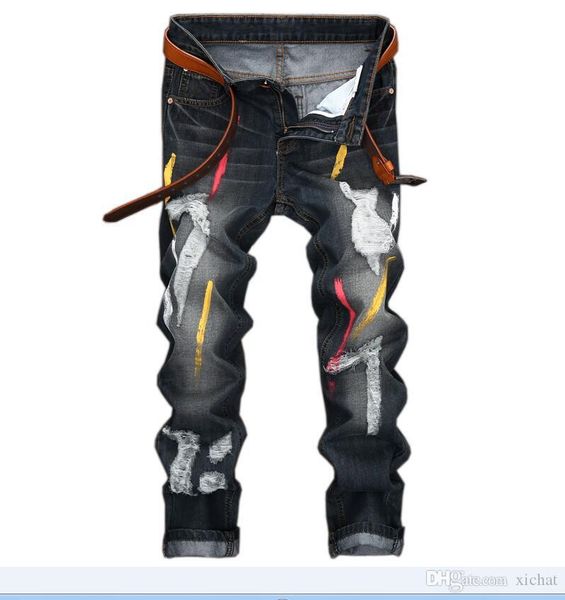

unique men's fashion ripped painting jeans designer slim fit straight leg denim fat man pants big size 28-42 jb165, Blue