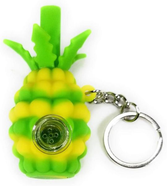 2021 cartone all'ingrosso silicone ananas pipa narghilè tubi a mano con ciotola di vetro tabacco olio Rigs portachiavi portatile