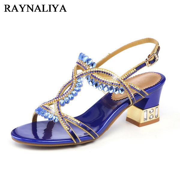 

women fashion open toe shining blue rhinestone buckle thick high heel sandals rhinestone gladiator wedding dress shoes xmx-b0012, Black
