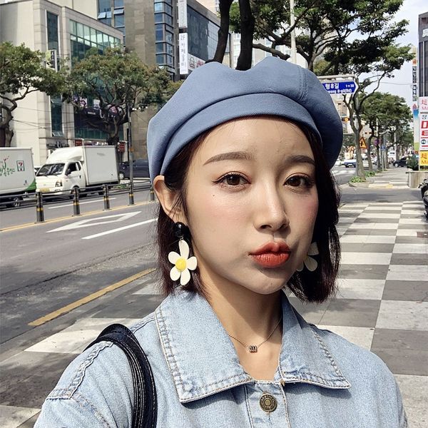 

thin flat beret children's literary artist beret octagonal hat versatile temperament solid color octagonal hat tide, Blue;gray