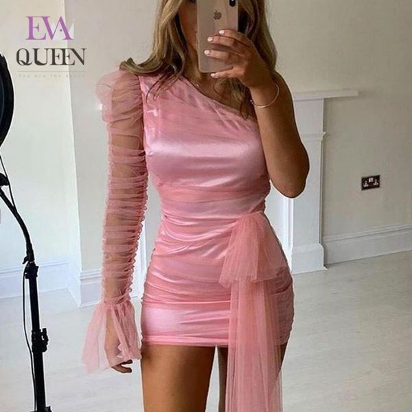 

evaqueen pink mesh bodycon party dress mini summer autumn lace dress women one shoulder club female belt 2020 new, Black;gray