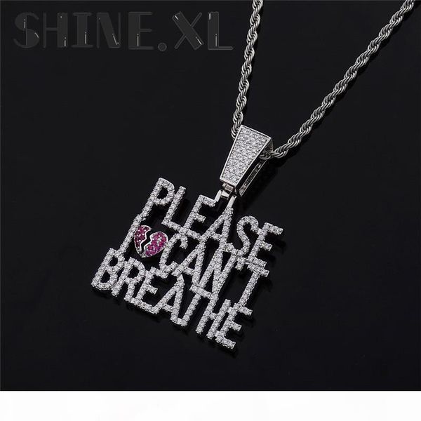 

please i can't breathe heartbreak necklace iced out cubic zircon with tennis chain for men women, Silver
