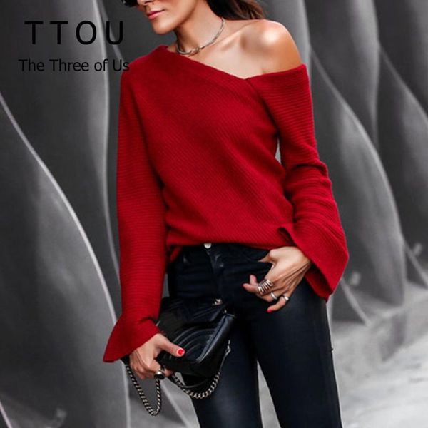 

ttou off shoulder knitted sweater women autumn sweater female pullover women flare sleeve loose knitting jumper grey, White;black