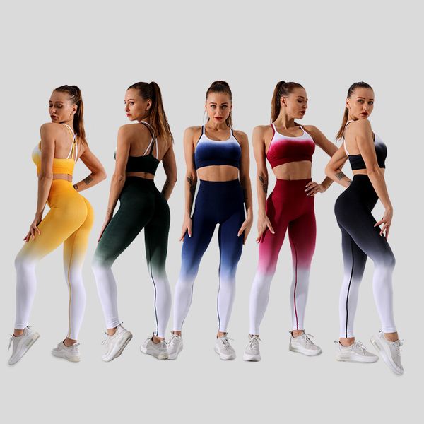 

ombre seamless 2 piece set women sport suit gym workout clothes scrunch butt leggings padded push-up strappy sports bra yoga set, White;red