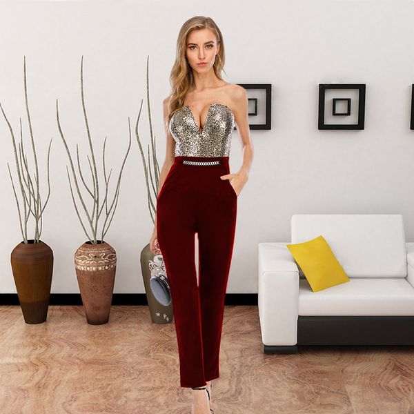 

2020 new fashion trend tight tube stitching sequined jumpsuit european and american foreign trade cross-border womens new explosion, Black;white