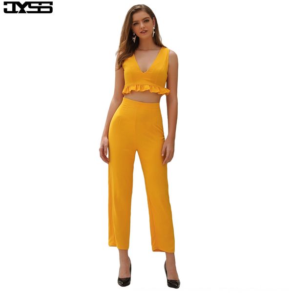 

b- 50058 # воланами верхней v-образным вырезом высокой талии женщин костюм женские брюки широкую ногу вверх широкий ноги брюки, Gray