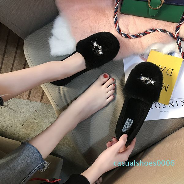 

pattern winter ladies cotton shoes real hair plush footwear 2020 plush crystal thicken moccasins 4344oxfords creepers c06, Black