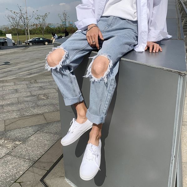 

новой большой дыра мужских обрезанных брюки корейского стиль брюки пят и джинсы вырезать промывают хип-хоп модные мужские летние джинсы, Blue