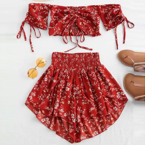 

off shoulder cinched floral women set summer slash neck short sleeves crop high waist shorts set beach boho suits, White