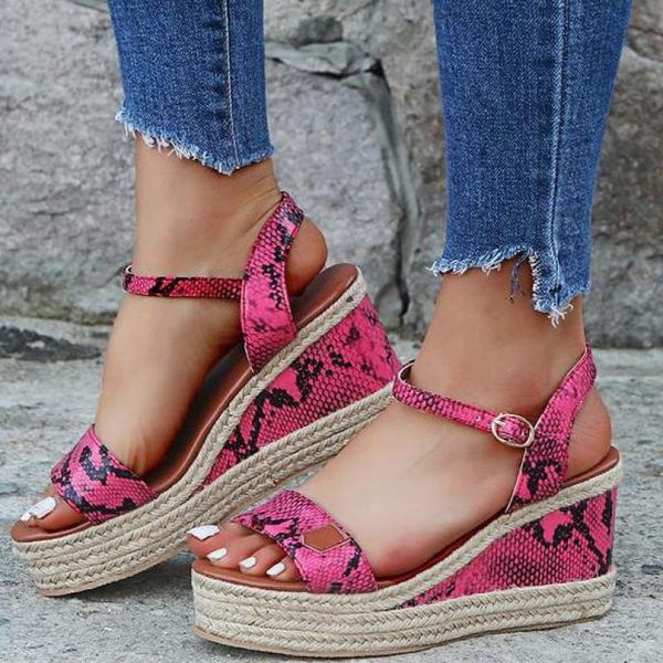 

women summer sandals wedges heel open toe high heel platform leather sandals female plus size leopard zebra snakeskin 35-43, Black