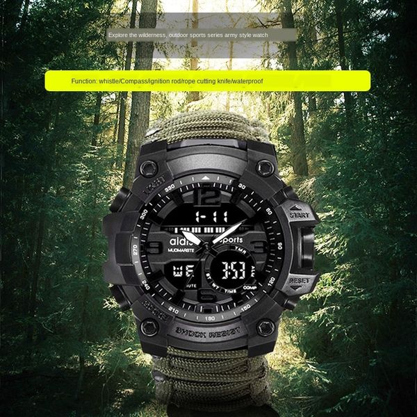 

adishi luminous multifunctional compass outdoor mountaineering whistle compass whistle watch flint waterproof electronic men's watch, Blue